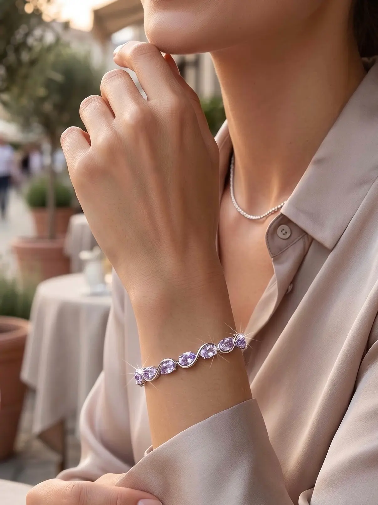 Lavender Purple Crystal Infinity Bracelet – Silver-Tone Oval Stone Link Bracelet 7098