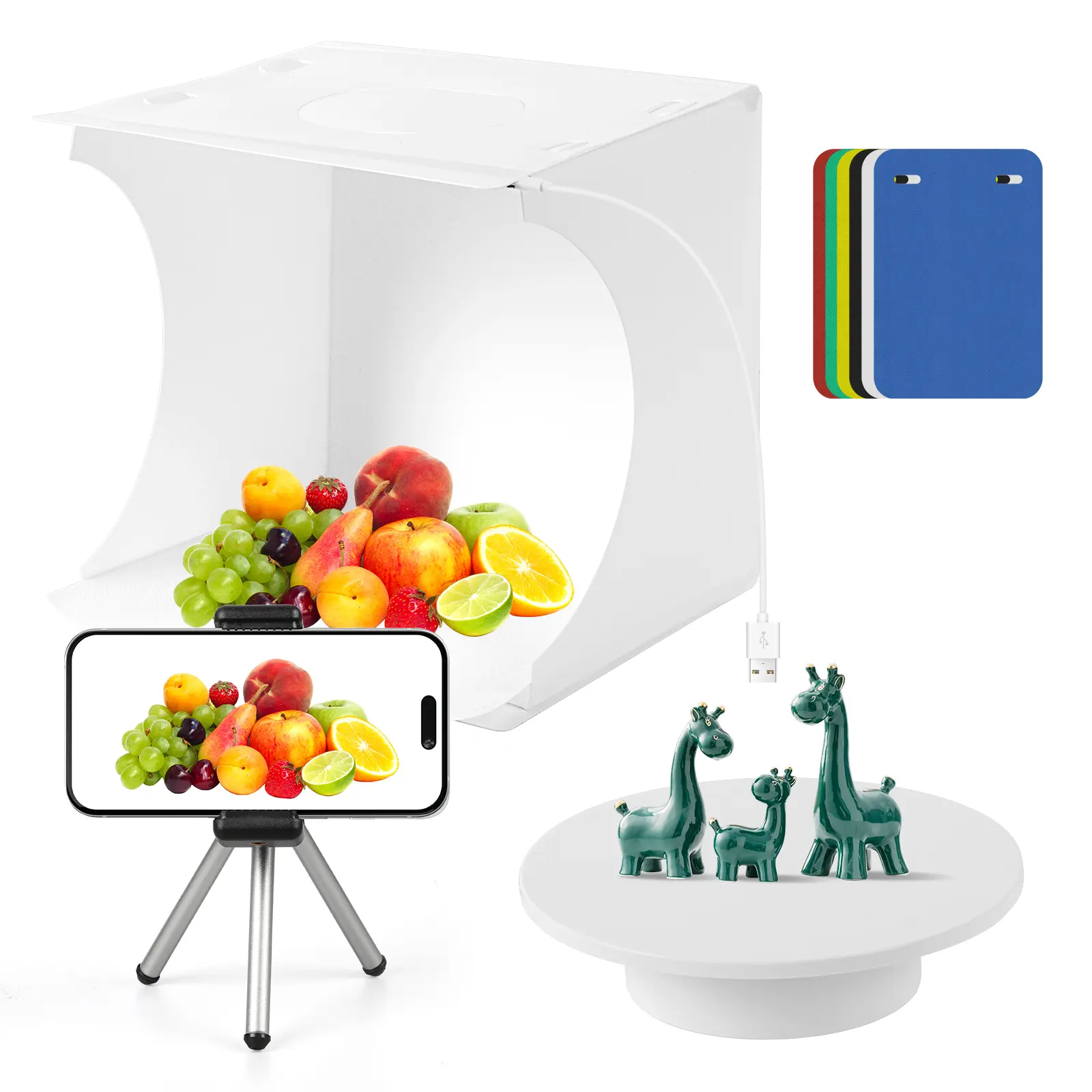9-in Jewelry Photography LED Light Box+Turntable Set - USB-Powered, Outdoor-Ready, Collapsible Portable Lighting, Quick-Setup Electric Display Turntable, 6 EVA Backgrounds for 3D Model Display (for KOLs)