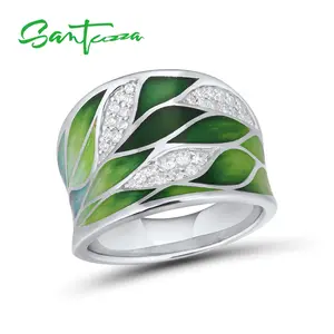 SANTUZZA 925 Silver Green Enamel White Cubic Zirconia Ring  Leaf Shaped Fashion Jewelry Anniversary