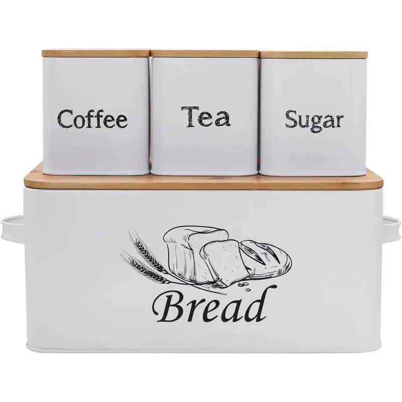 【Summer Wins】SOTECH Bread Box Set with 3pcs Jars for Kitchen Countertop Extra Large White/Black Farmhouse Metal Bread Box With Bamboo Board Cover Pastry Storage Matching Canisters Set Of 3 Coffee Tea Sugar Container Set Kitchen decor
