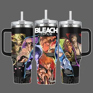 Bleach Ichigo Kurosaki Shunsui Kyoraku Kenpachi Zaraki Anime Stainless Steel Insulated Tumbler With Handle & Straw Lid 20oz 40oz Full Wrap Character Collage Design