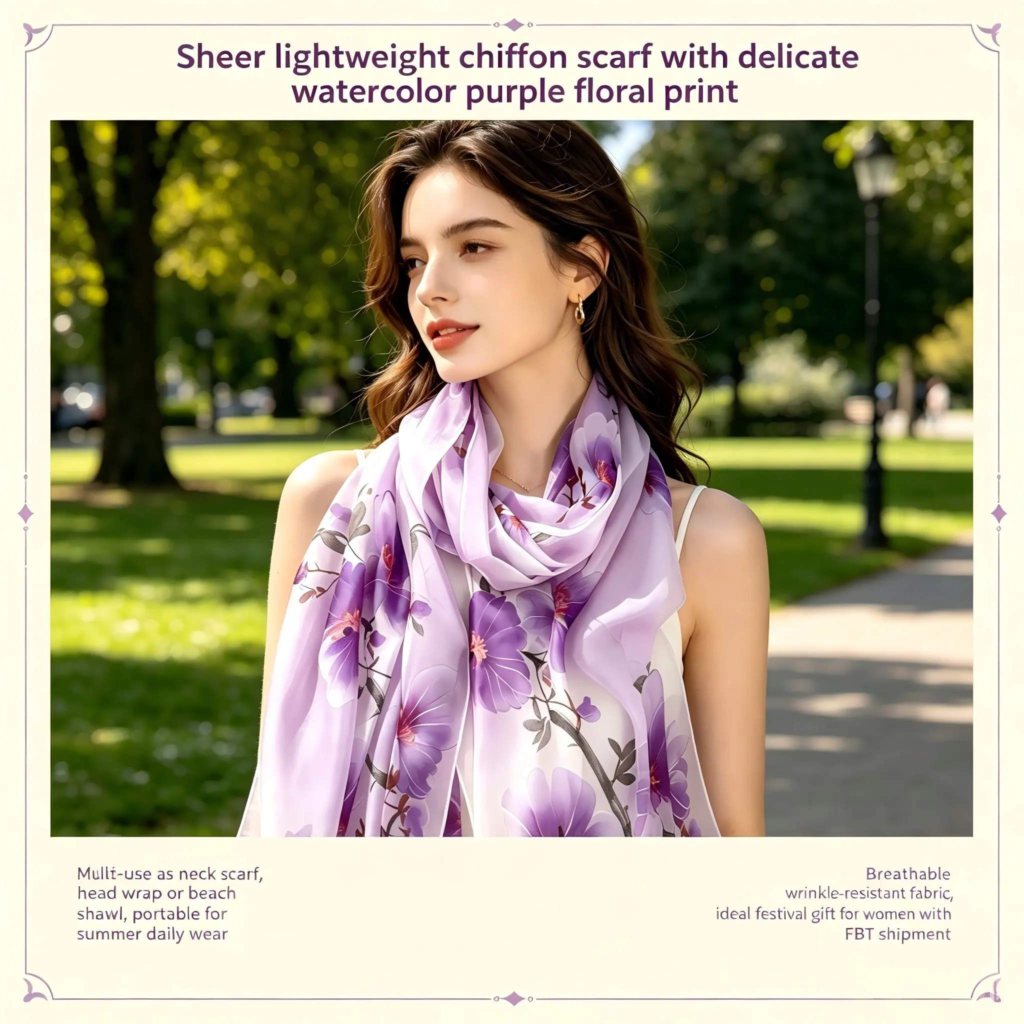 Women's Lavender Watercolor Purple Floral Print Sheer Chiffon Scarf - Lightweight Female Accessory for Daily, Everyday Use, Mother’s Day/Birthday Gifts - Multi-use Shawl, Head Wrap, Beach Cover Up - Shipped from FBT Warehouse boho