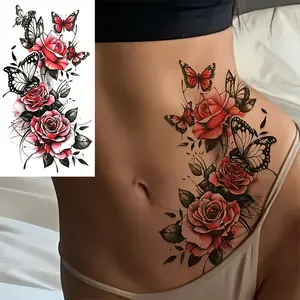 2pc Temporary Tattoo Sticker, Rose & Butterfly Design, Waterproof & Durable, Realistic Fake Tattoo, Body Fake Tattoos for Men & Women