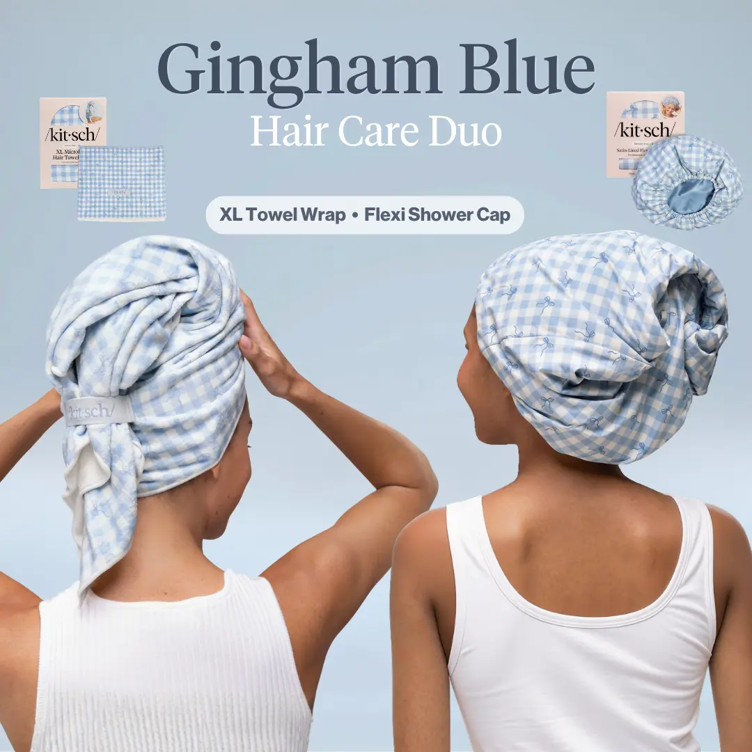 Kitsch Gingham Blue Hair Care Duo - XL Microfiber Hair Towel Wrap & Satin-Lined Flexi Shower Cap – Faster Drying, Frizz Control & Blowout Protection