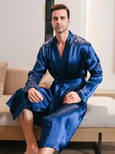Men's Long Sleeve Sleeprobe Pajama, Spring Autumn Winter Home Wear, Pure Color Ice Silk Casual Bathrobe, Essential Men's Loungewear