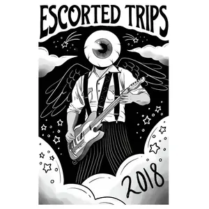 1pc Frameless Black & White "Escorted Trips" Music Festival Zine Cover Wall Art - 12x18 Inch Guitar & Eyeball Character Design, Retro 2018-Themed Canvas Print for Bars, Offices, Bedrooms - Indie Music Fan Gift, Wall Banner, Stickers Muraux