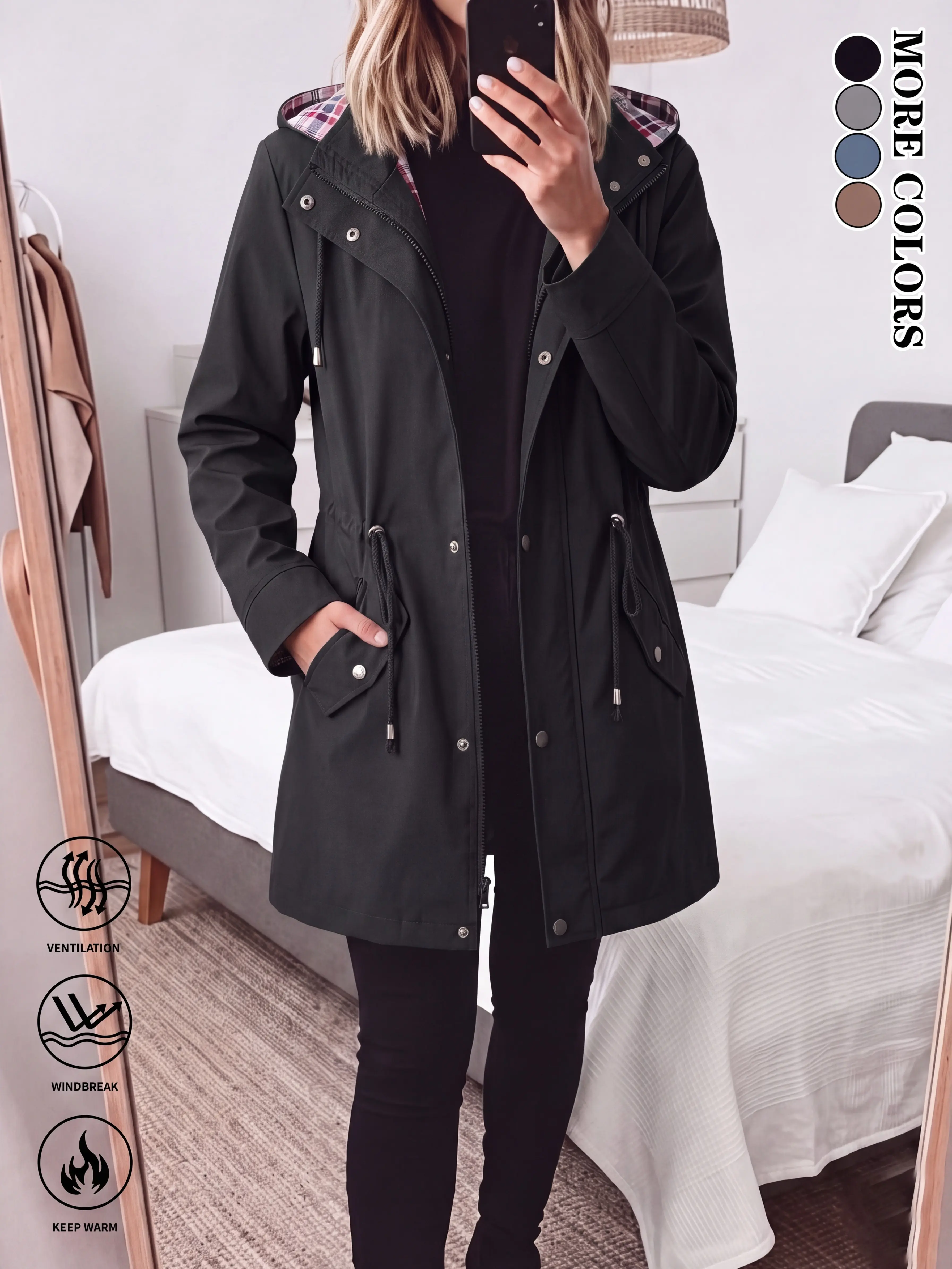 Clean Gent women’s casual fitted hooded trench coat with a drawstring waist and link button closure, plaid lining, waterproof and windproof, long sleeves for spring and autumn, relaxed fit, suitable for everyday wear.