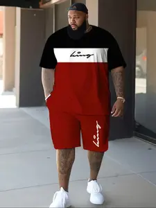 Men's Large Size King Graphic Print Fashion Colorblock T-Shirt Set Outfit, Modern Loose-Fitting Short Sleeve, All Seasons Casual Wear