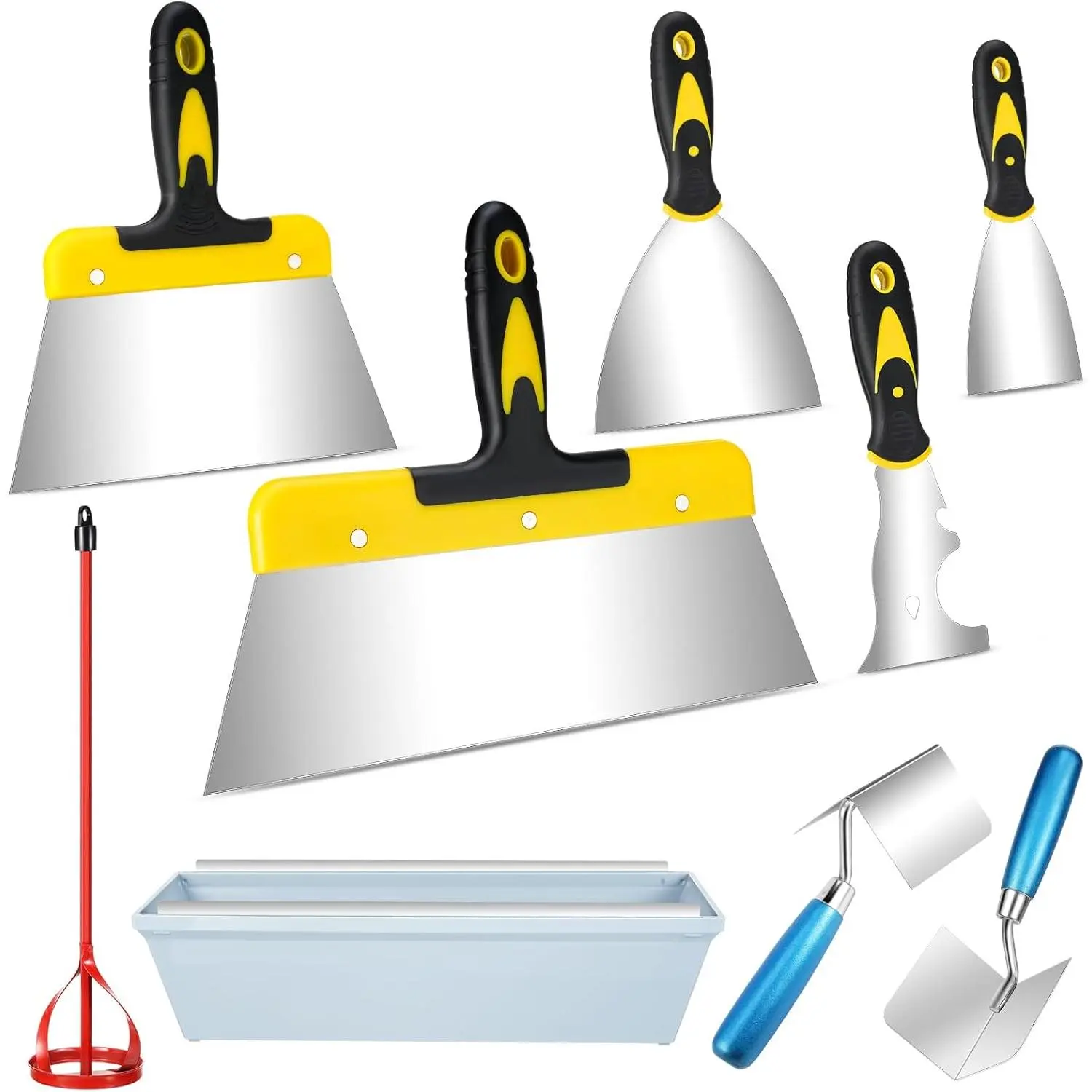 9-Piece Drywall Tool Kit Set – Comfortable and Soft to Hold Hand Tools for Drywall Repair, Building Walls, Wallpaper Installation: 6-in Knife, Paint Scraper, Stainless Steel Inside-Outside Corner Trowel, 16-in Mud Mixer, 3.74x2.95-in Implement