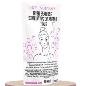 Phor Essentials Irish Seamoss Exfoliating Cleansing Pads  Skincare Cleanser Gentle Chamomile Hydrating Moisturizing Eczema Rosacea Acne Toning 30 pack