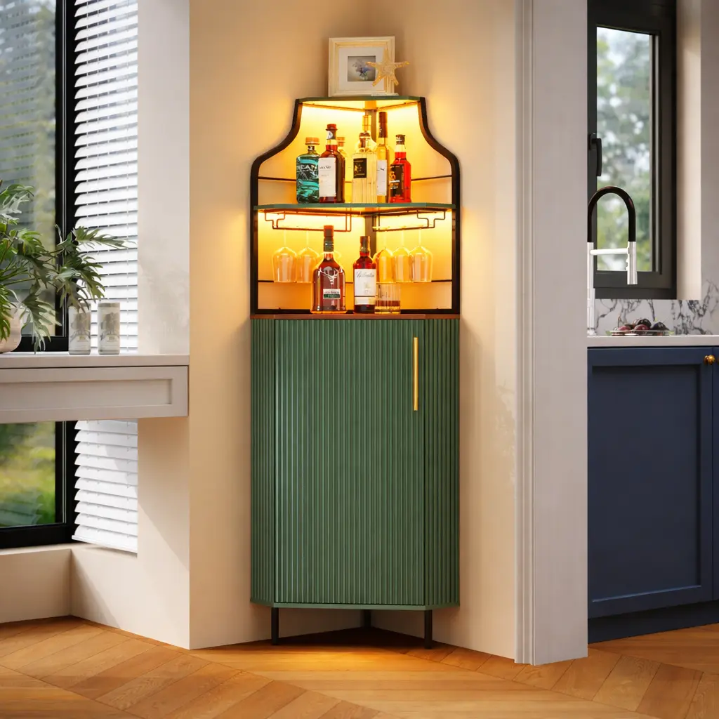 Modern corner wine cabinet with LED lights and cup holders, industrial style, 59-inch mini wine cabinet, home coffee bar, living room, kitchen and dining room mini bar, simple assembly, space-saving storage.