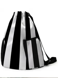 1 piece of black and white striped pattern 2D printed drawstring backpack - large capacity durable fitness bag, with adjustable shoulder straps, suitable for both men and women, essential for travel, hiking, camping