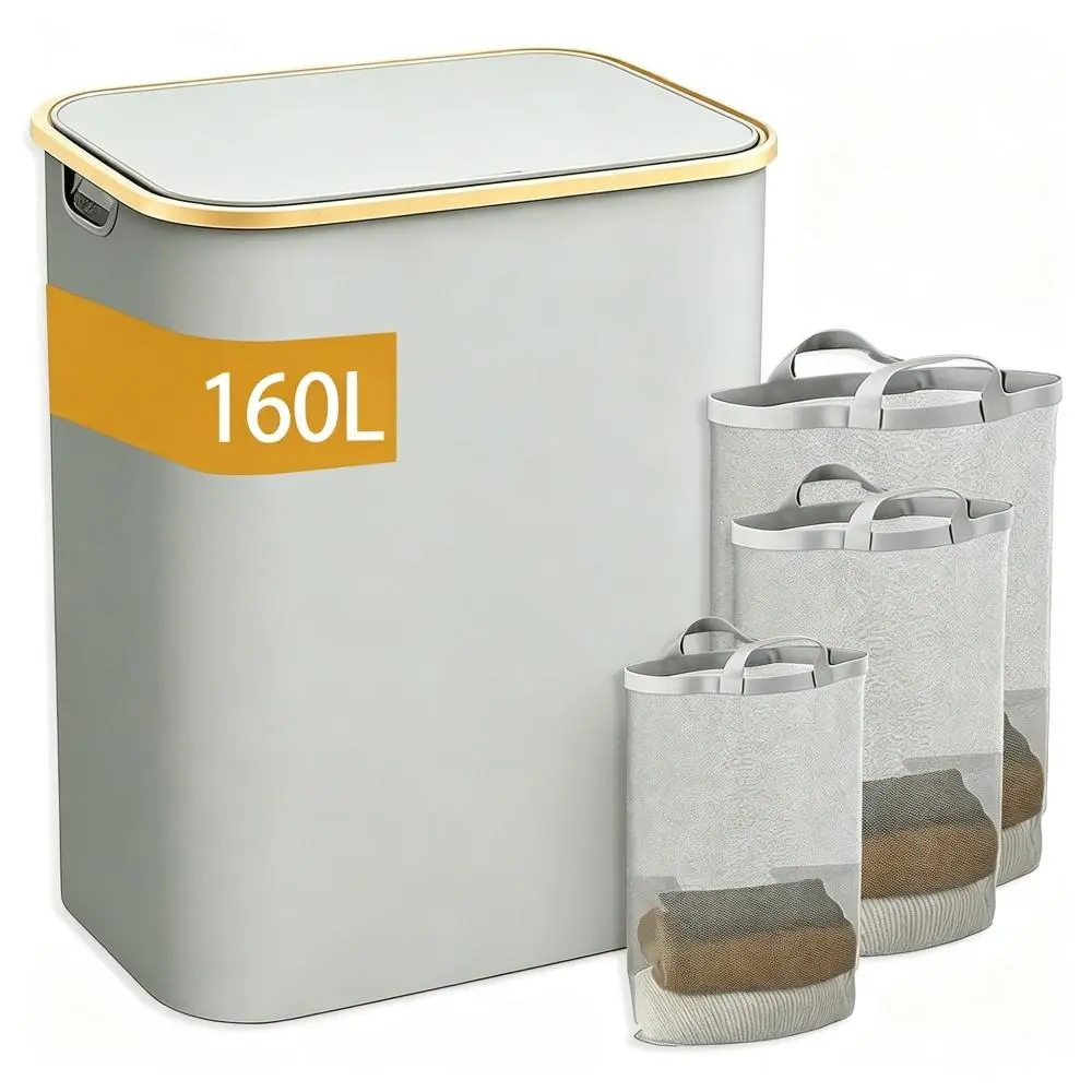 160L Extra Large Laundry Basket with Detachable Lids - 3-Section, Detachable Mesh Bags, Odor Block, Portable Clothes Sorter, Bedroom Use Storage Organizer for Laundry Room
