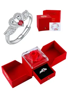 Angel Wing Heart Ring With Rose Jewelry Gift Box, Angel Memorial Ring with Heart CZ Birthstone, Mothers Day Christmas Gifts for Mom Mother New Mom, Cubic Zirconia Rings