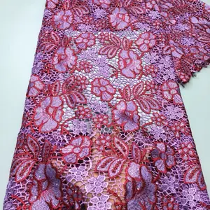 Africa Exotic Embroidery Lace Fabric per Yard - Pink & Purple Floral Design Fabric