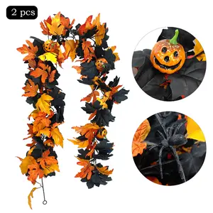 2pcs Halloween Garland  5.74ft Gothic Maple Leaf and Pumpkin Vine with Spider Accents for Spooky Fall & Fireplace Decor