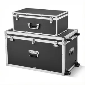VEVOR Metal Storage Trunk, Set of 2, Wooden Suitcase Storage Boxes with Padlocks, Large Trunk Includes Casters & 3 Metal Handles, Decorative Store Chest with Lids for Travel, Apartment, Dorm, Black