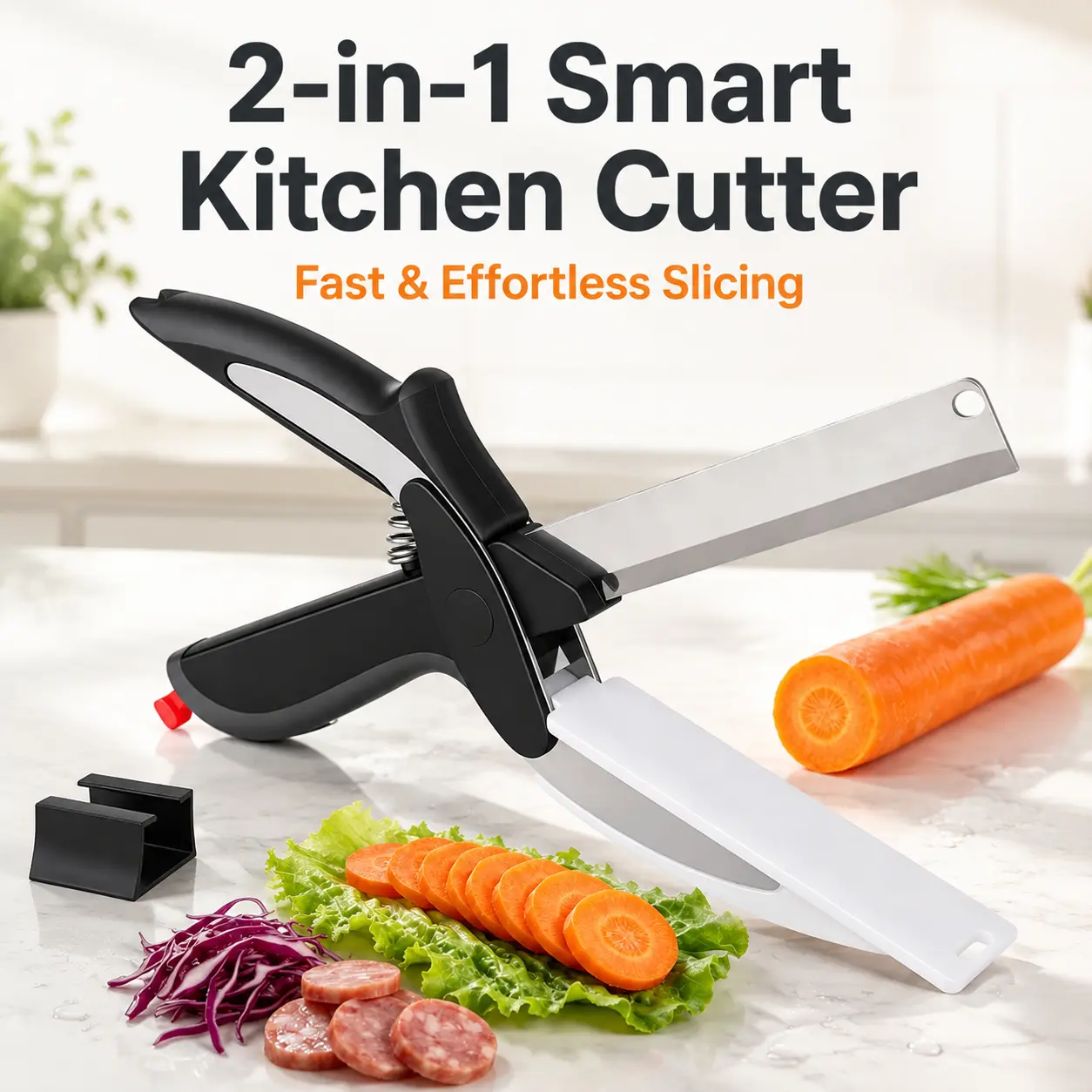 KINDOO 2 In 1 Kitchen Scissors with Built-in Cutting Board, Stainless Steel Chopping Shears, Multi-function Vegetable Cutter with Safety Lock, Ergonomic Ambidextrous Grip, Dishwasher Safe Meal Prep Gadget