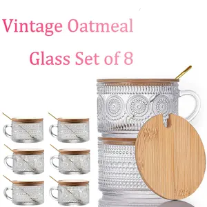 8 Pcs Classic Coffee Mug Bundle, Premium Gifts For Girls – 14oz Clear Embossed Glass Tumblers with Bamboo Lids and Metal Spoons, Overnight Oats Storage Jars, Iced Coffee Cups, Elegant Coffee Bar Decor & Gadgets