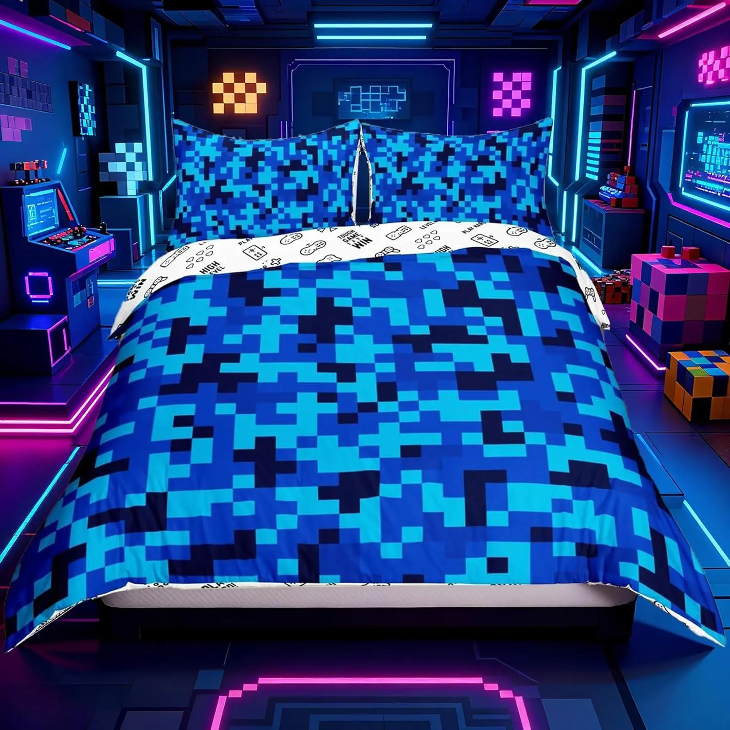 Feelyou Navy Blue Camouflage Print Duvet Cover Set - Pixelated Check Geometric Bedding, Queen/Twin Sizes, Male Rooms Decor, Bedding Accessories Set Includes