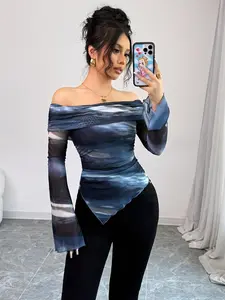 Women's Off-Shoulder Long Sleeve Simple Basic Asymmetrical Fitted T-Shirt, Casual Daily Wear Printed Top, Spring Fashion Set, Ladies' Upperwear