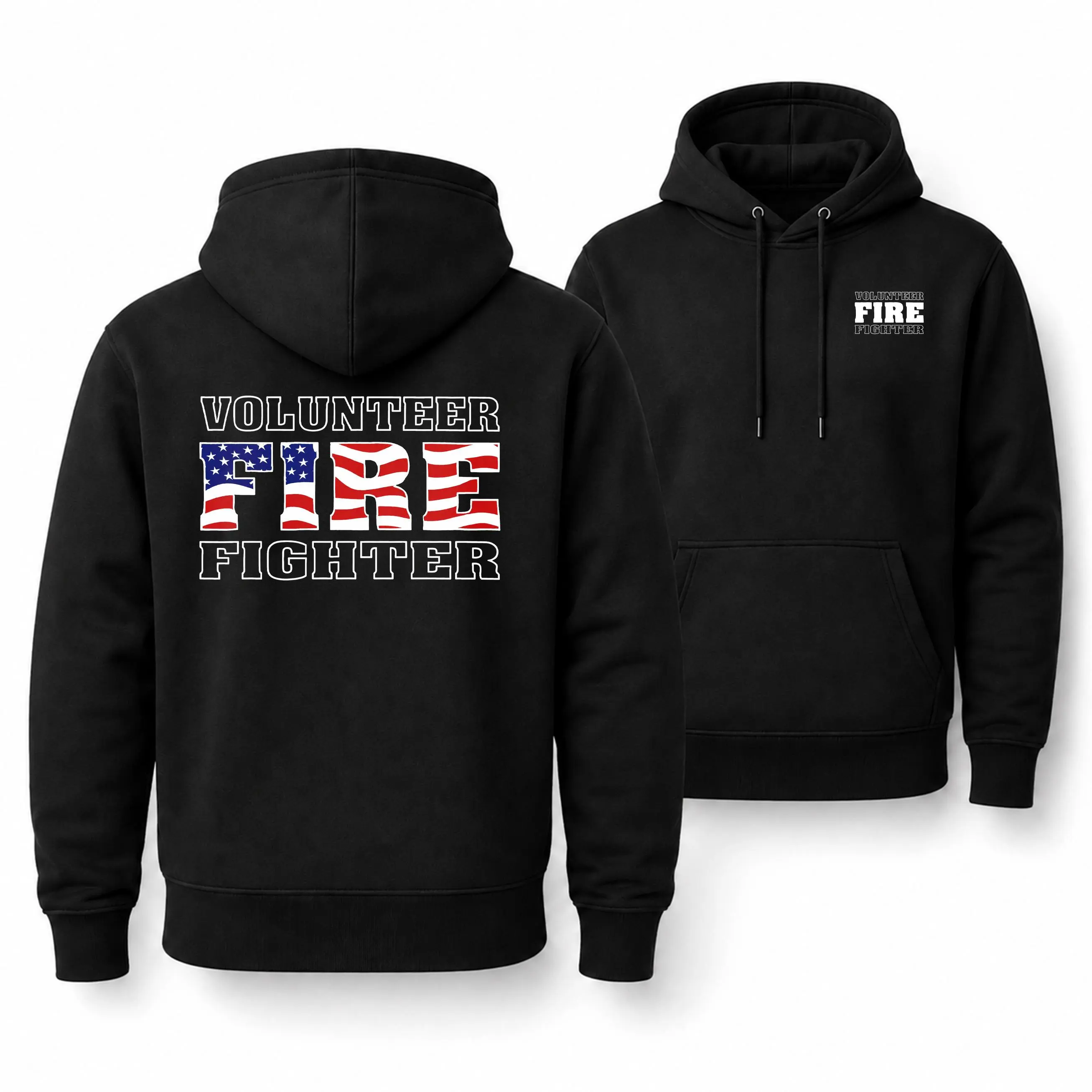 [MADE IN US] Volunteer Firefighter Hoodie, Patriotic American Flag Fire Fighter Typography Graphic, Firehouse Gift For Volunteer Firefighters First Responders And Rescue Crews