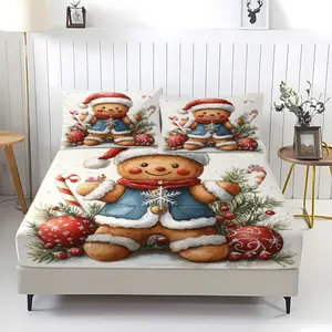 3-piece Christmas gingerbread man patterned bed sheet set, including 1 bed sheet and 2 pillowcases, anti slip dust cover suitable for bedrooms, suitable as a Christmas holiday gift, Decorative Bedsheet Sets