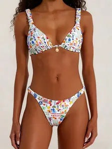 Women's Swimwear Set, Triangle Bikini Set, Multicolor Print Halter Neck Design, Backless Cute Bikini Bottoms, Perfect Summer Beach Vacation Choice