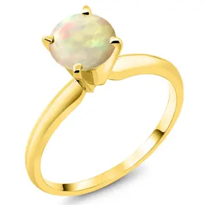 Gem Stone King 14K Yellow Gold White Ethiopian Opal Solitaire Engagement 4-Prong Ring For Women | 0.56 Cttw | Round 6MM | Gemstone October Birthstone