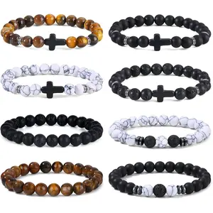 4-12PCS Bracelets for Men, 8MM Mens Bracelets Lava Rock Black Obsidian Howlite Tiger Eye Beaded Natural Stone Bracelet Jewelry Gifts for Birthday Christmas