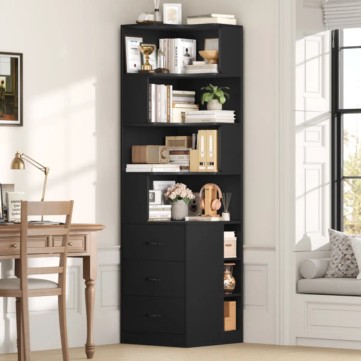 76.8" Corner Bookcase with 3 Drawers – 7-Tier L-Shaped Shelf, Space-Saving Storage for Small Spaces, Apartments & Offices