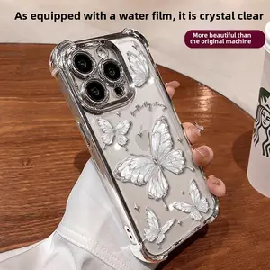 Silver Butterfly Four-corner Airbag Shockproof Electroplating Frame Mobile Phone Case for iPhone 16 15 14 Plus 13 12 11 Pro Max