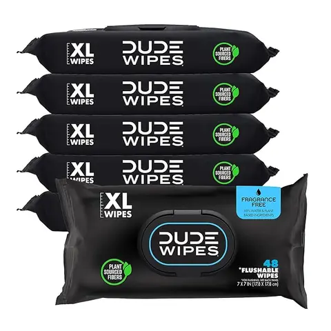 DUDE - Flushable Wipes - 6 Pack, 300 Wipes - Unscented Extra-Large Adult Wet Wipes - Vitamin-E & Aloe - Septic and Sewer Safe Cleaning Napkin Disposable