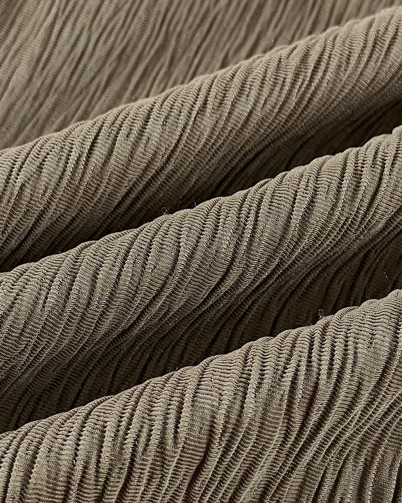 ChicMe Women's 2 Pieces Outfit Vintage Turn-down Collar Roll Up Sleeve Button Front Flap Pocket Design Waist Drawstring Top and Elastic Waist Wide Leg Pants Set Casual Textured Commuting Set/Vintage Button Front Commuting Set