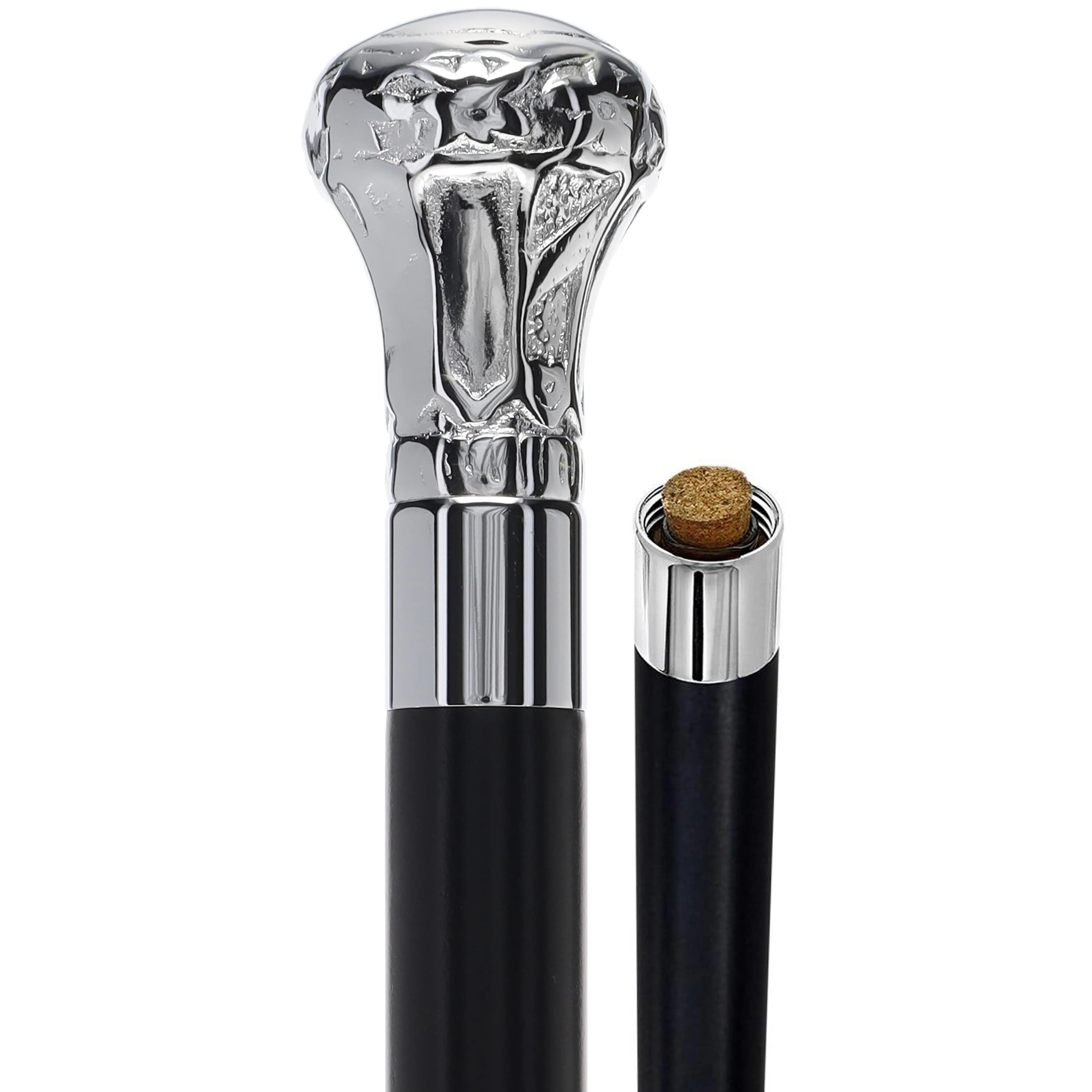 Knob Premium Chrome Brass Flask Cane: Wood Shaft Hidden Flask