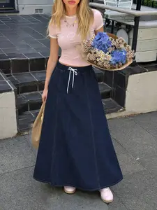 Spring Summer Women's Dark Blue Elastic Denim Skirt, High Waist Slimming Mid-Length Umbrella Skirt, A-Line Big Swing Skirt