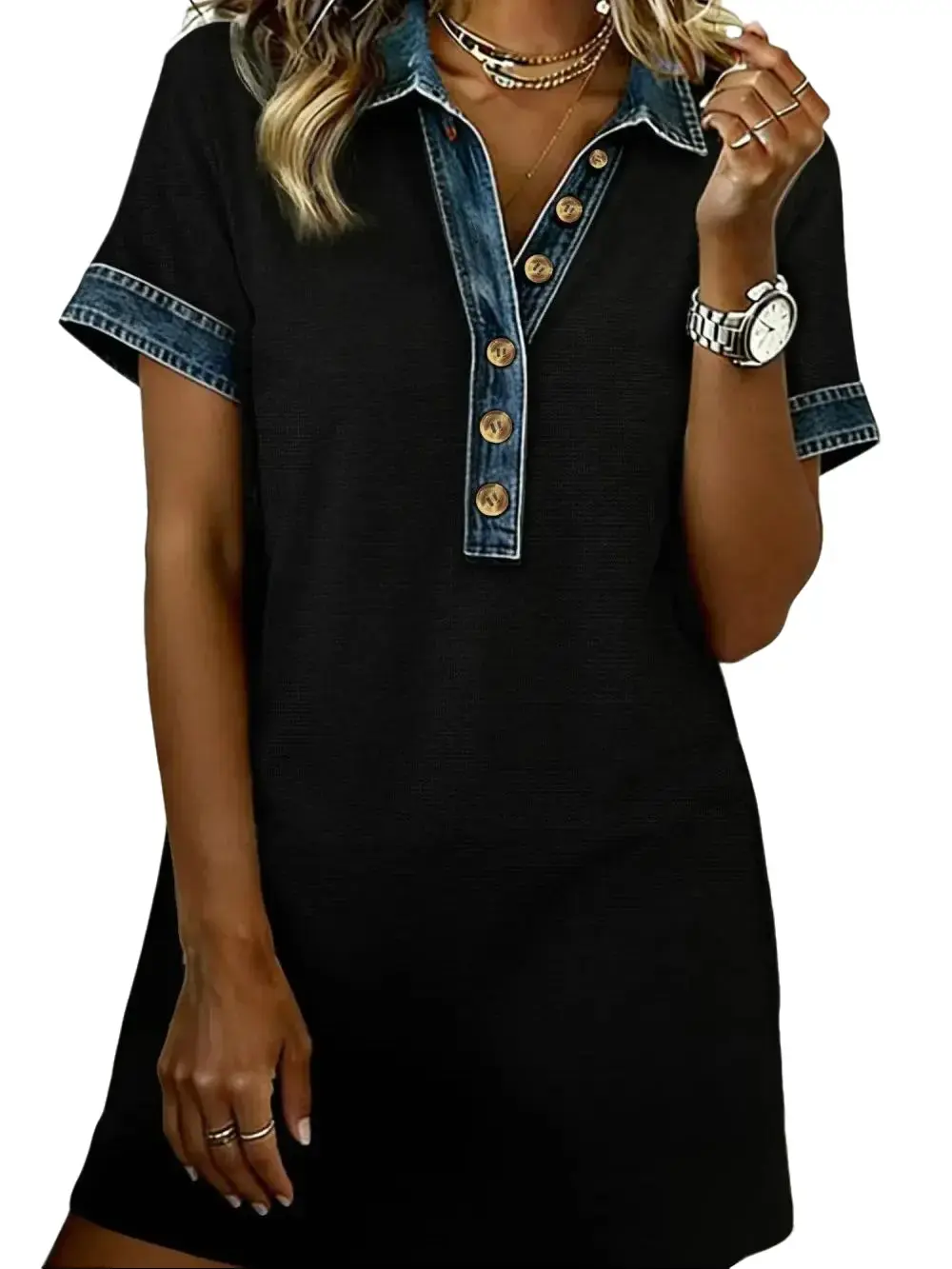 Women's Casual Polo Collar Mini Dress with Denim Trim - Black Short Sleeve Shift Dress for Summer Everyday Wear