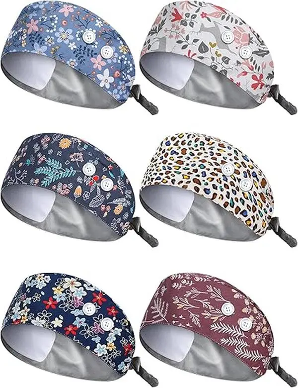 6 Pcs Scrub Caps for Women with Buttons, Adjustable Bouffant Surgical Caps with Ponytail Holder, Cotton Nurse Hats