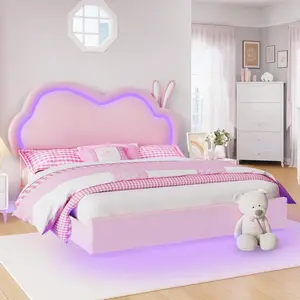 Floating Upholstered Bed Frame With LED Light, Cute Cloud Headboard For Girls, Sturdy Construction, Easy Assembly, No Box Spring Needed