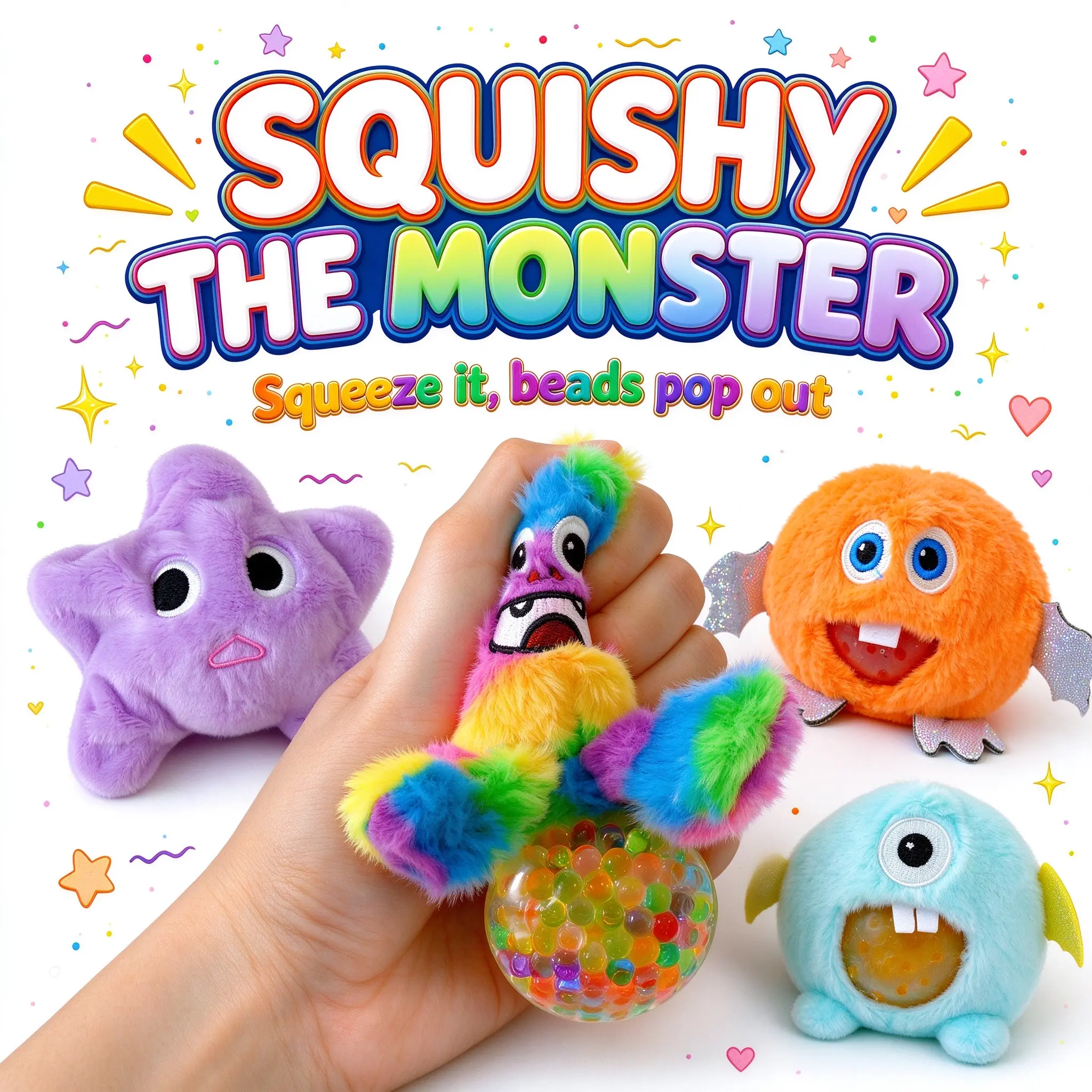 Plush Monster Bead Squishy, Stress Relief Fidget Toy - Rainbow Poop, Purple Star, Orange Happy Face, Blue Big Eyes，Each monster has a unique expression，petfect for gift