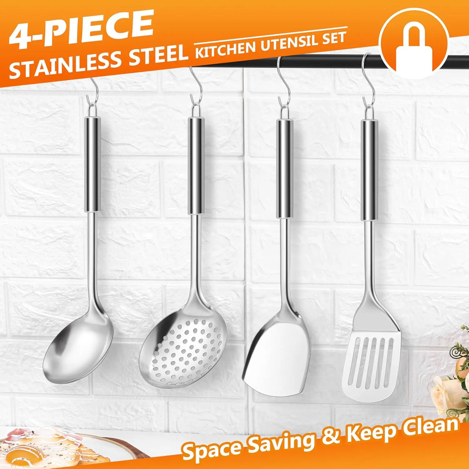 4 Pack Cooking Utensils Set, Stainless Steel Kitchen Utensils, Wok Utensils Set Include Wok Ladle, Slotted Spoon, Wok Spatula and Slotted Spatula, Dishwasher Safe
