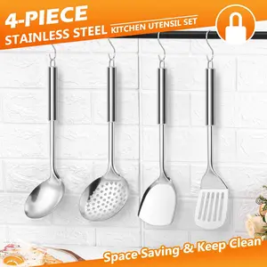 4 Pack Cooking Utensils Set, Stainless Steel Kitchen Utensils, Wok Utensils Set Include Wok Ladle, Slotted Spoon, Wok Spatula and Slotted Spatula, Dishwasher Safe