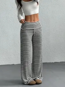 Women's Striped Casual Low Waist Pants Fashionable Knitted Long Trousers for Daily Wear Stylish Ladies' Clothing Pantalones de Mujer Loungewear Fitted Maxi Bottom Black Gamis Everyday - Womenswear