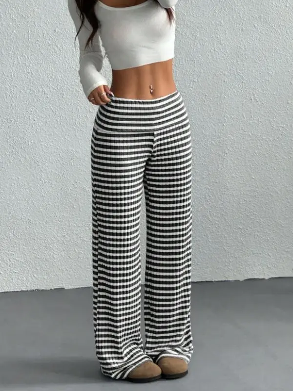 Women's Striped Casual Low Waist Pants Fashionable Knitted Long Trousers for Daily Wear Stylish Ladies' Clothing Pantalones de Mujer Loungewear Fitted Maxi Bottom Black Gamis Everyday - Womenswear