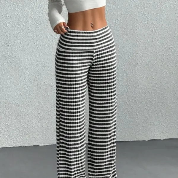 Women's Striped Casual Low Waist Pants Fashionable Knitted Long Trousers for Daily Wear Stylish Ladies' Clothing Pantalones de Mujer Loungewear Fitted Maxi Bottom Black Gamis Everyday - Womenswear