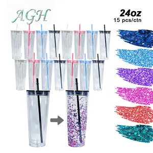 AGH 8/15pcs 24 oz Double Wall Acrylic Cups Snow Globe Plastic Tumbler with Lid & Straw for DIY UVDTF Gifts Travel Coffee Mug