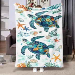 Comfortable Flannel Blanket, Ethnic Turtle Starfish Coral Shell Pattern, Simple Design, Blue Digital Print, Ideal Gift