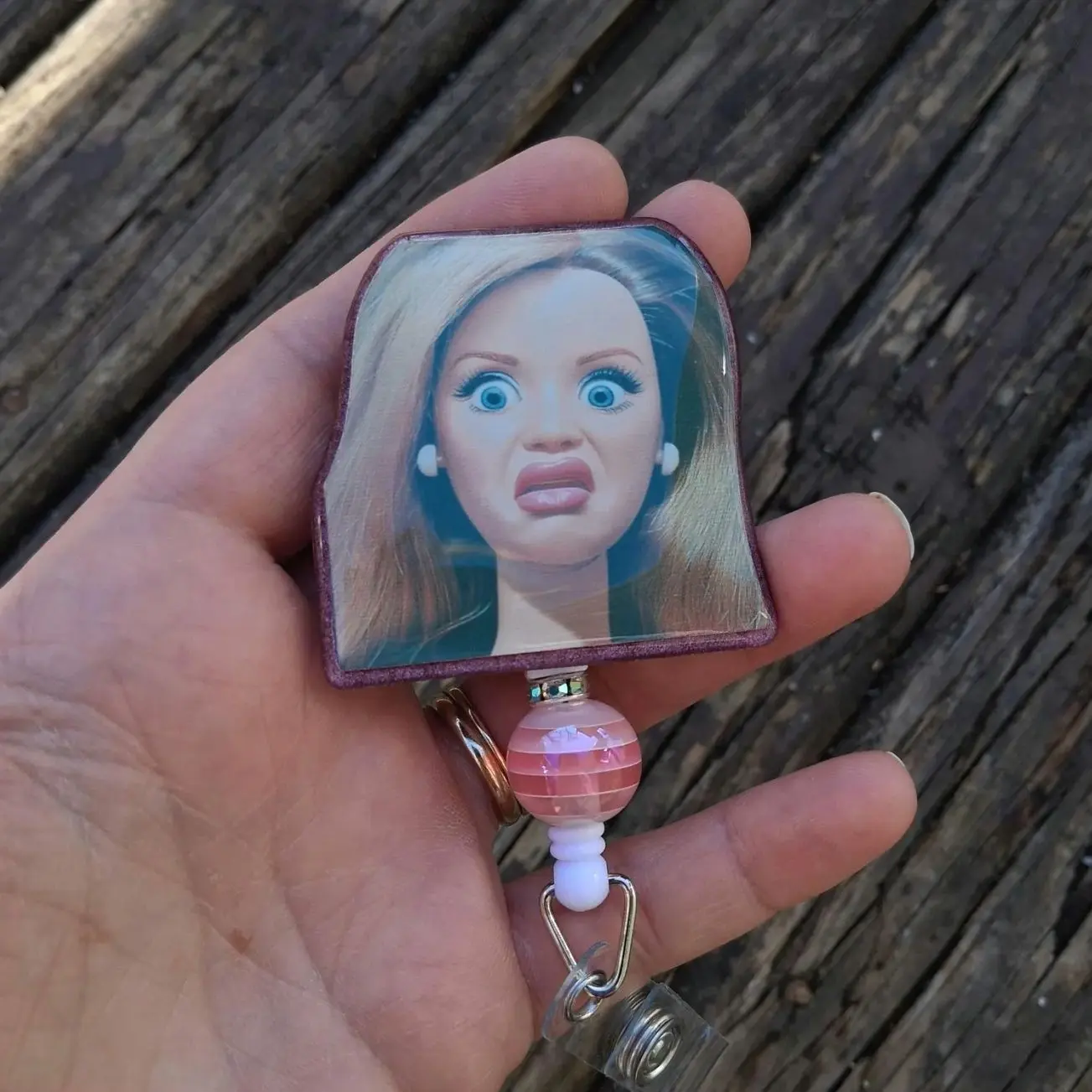 Blonde Barbie Meme Badge Reel-Cringe Doll WTF Badge Reek-Disgusted-Judging Face-Funny Adult Humor Badge-CNA Badge Holder, Gift For Her