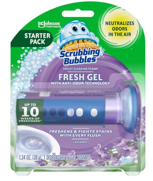 Scrubbing Bubbles Toilet Gel Stamps, Fresh Gel Toilet Cleaning Stamps, Helps Keep Toilet Clean and Helps Prevent Limescale & Toilet Rings, Lavender Scent, 1 Dispenser with 6 Stamps