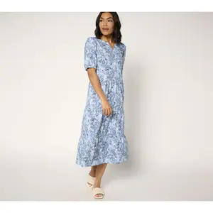 QVC Women's Petite Denim & Co. Linen-Blend Puff-Sleeve Casual Midi Dress